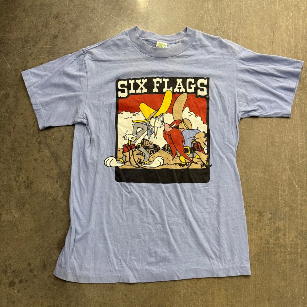Vintage 1991 Six Flags Looney Tunes Bugs Bunny Yosemite Sam T-Shirt Blue Large